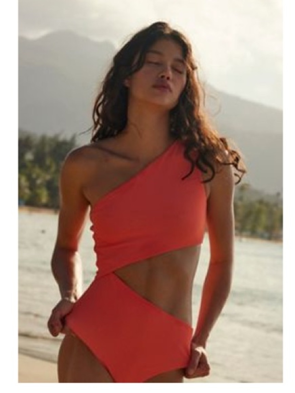 Beach Riot One-Shoulder Coral-Red Ribbed One-Piece Swimsuit
